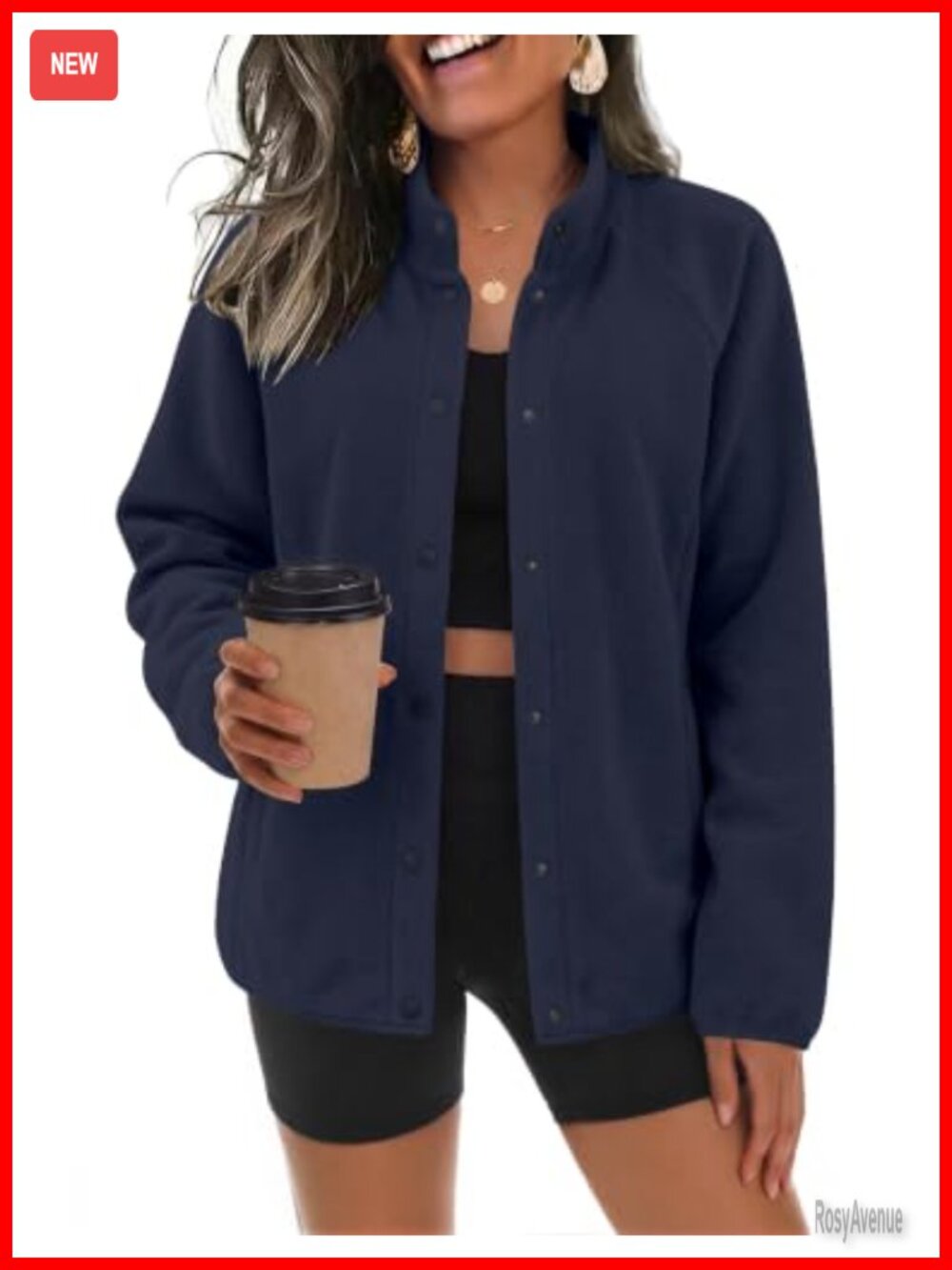Women's Fleece Jacket Button Down Stand Collar Winter Coat with Pockets